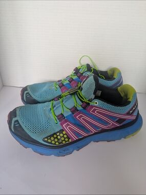 Salomon Women’s Aqua and Purple Trail Running Shoes with Neon Green Laces
